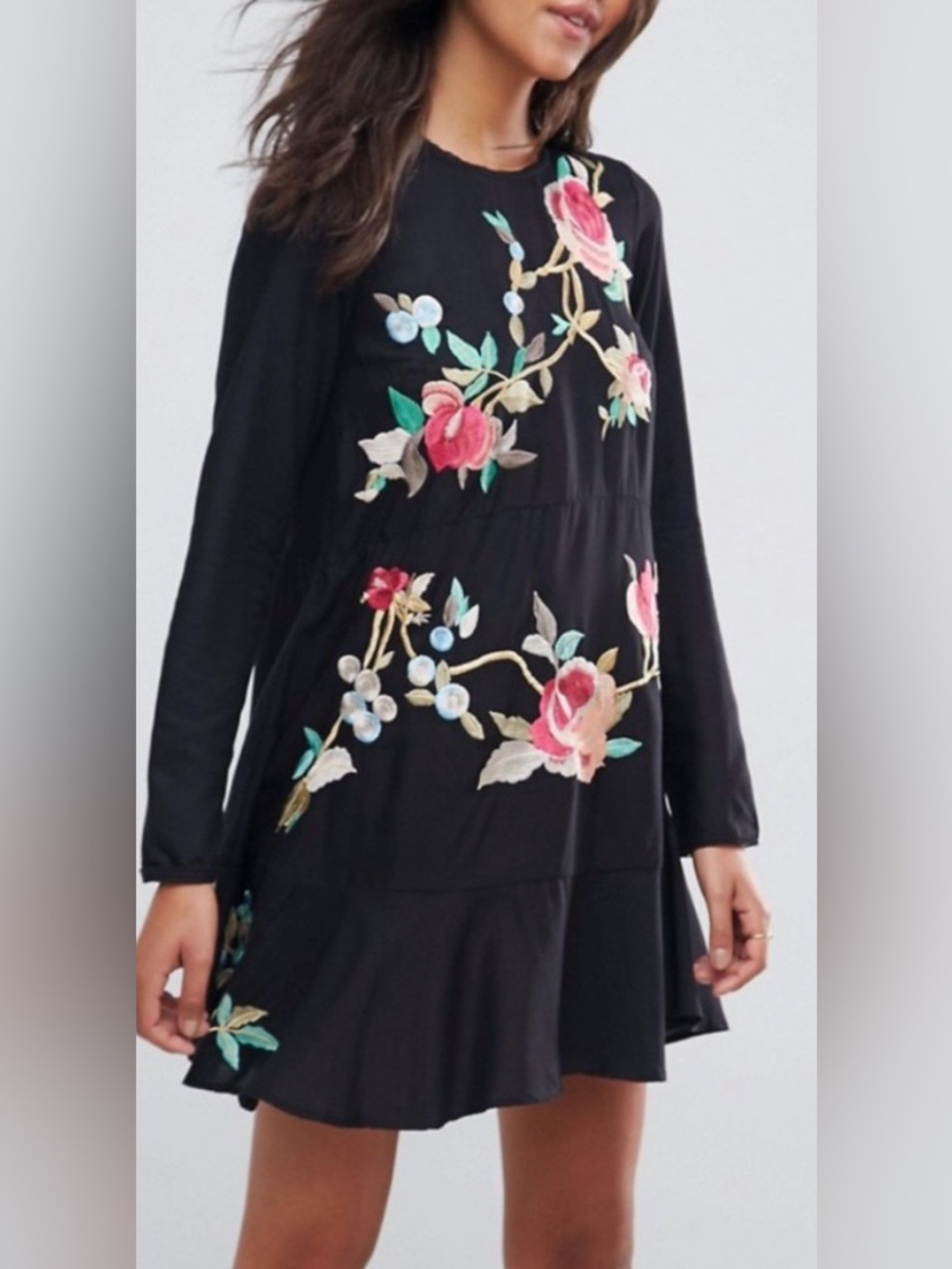 ASOS Black Floral Embroidered Boho Drop Waist Babydoll 100% Cotton Dress Size 8